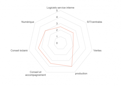 Graphique en radar issu de la prestation donnée à l'OT de Tarascon et du Vicessos, qui fait l'état des compétences du personnel de l'office